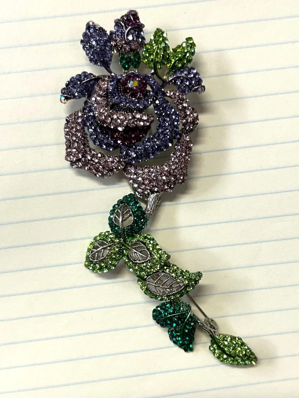 Purple/Lavender Rose Crystal Brooch with Green Leaves 5.5 inch